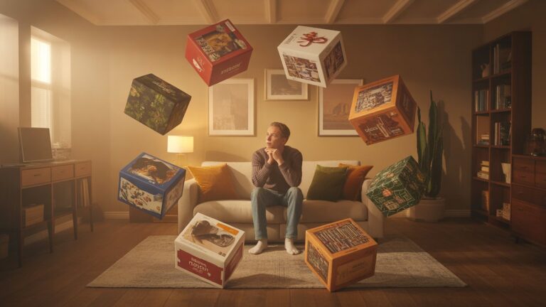 Kūrybinės dovanų dėžutės, plūduriuojančios vidurio ore aplink kontempliatyvų vyrą jaukioje gyvenamajame kambaryje, kiekvienoje dėžutėje atskleidžiama unikalių pomėgių daiktų, šilto auksinės valandos apšvietimo, kino kino gylio lauko, fotorealistinės.