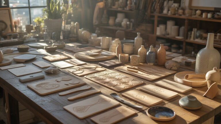 Šurmuliuojantis amatininkų dirbtuvių stalas, perpildytas įvairių, kruopščiai pagamintų dovanų komponentų, tokių kaip pasirinktinė išgraviruota mediena, dažyta keramika ir pritaikyta oda, maudomi šiltomis, įkvepiančiomis saulės spinduliais, fotorealistiniu, plačiu kadru.