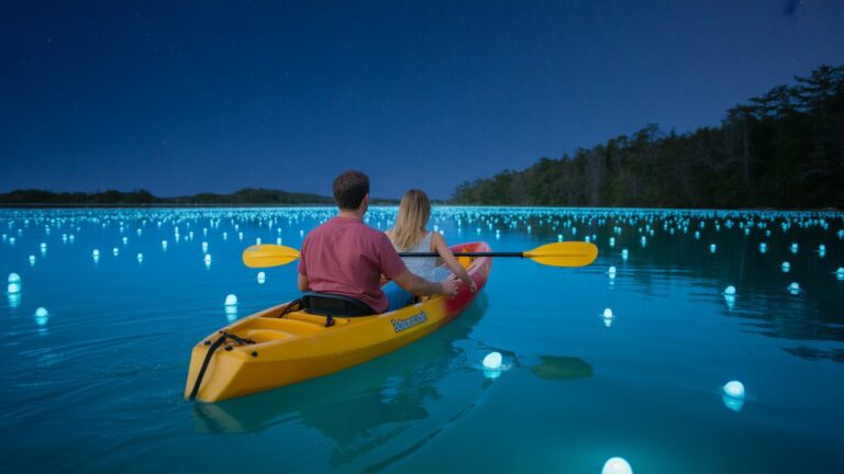 Pora, pasidalinusi jaudinančia akimirka baidarėmis per naktį bioliuminescencinėje įlankoje, ryškus mėlynasis švytėjimas, ramus ir magiškas, realus.