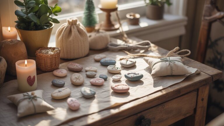 Jauki, saulėlydis nuskaityta kaimiško stalo scena su maža žavių, lengvai pagamintų naminių dovanų kolekcija: dažytos uolienos, paprasti siuvami maišeliai ir dekoruotos žvakės. Fotorealistinis.