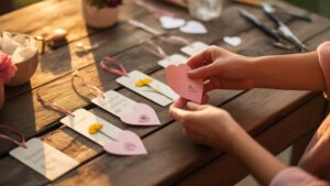 Žmogaus rankos kaupia paprastą popieriaus širdį ir prispaustas gėlių žymes prie kaimiško medinio stalo, išsibarsčiusių amatų reikmenų, auksinės valandos apšvietimo, fotorealistinės intymios „pasidaryk pats“ Valentino momento.