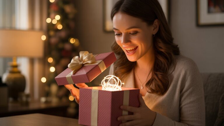 Elegantiška moteris atidaro netikėtą dovanų dėžutę su žėrinčiu šviesa, sklindančia iš vidaus, džiaugsmo ir nuostabos išraiška, šiltas auksinis valandos apšvietimas, fotorealistinis kino stilius.