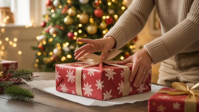 Realistiškas iš arti: rankos greitai apvynioja gražiai dekoruotą kalėdinę dovaną, kurią sukūrė šilta, švytinanti eglutė, šventinė atostogų atmosfera, minkštos „Bokeh Lights“.