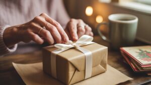 Realistiškos, skubotos rankos, apvyniojančios apgalvotą dovaną su paprastu kaspinu, šilta, jaukia aplinkos šviesa, sekli lauko gylis.