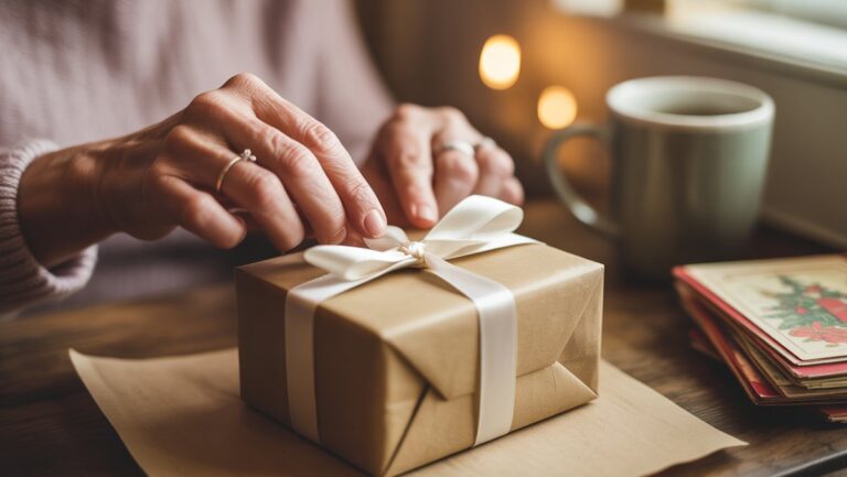 Realistiškos, skubotos rankos, apvyniojančios apgalvotą dovaną su paprastu kaspinu, šilta, jaukia aplinkos šviesa, sekli lauko gylis.