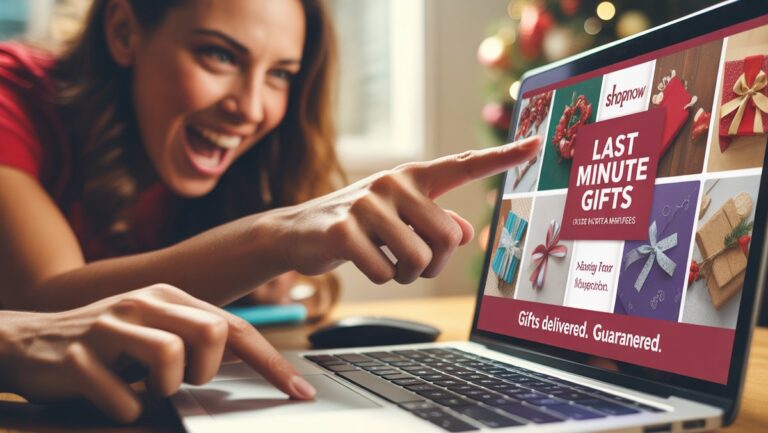 Realistiškas rankų iš arti spustelėjus nešiojamojo kompiuterio ekraną, parodant paskutinės minutės internetinę dovanų apsipirkimą skubiai ir efektyviai.