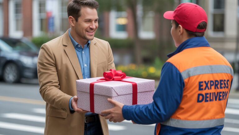 Realistiška dėkingas gavėjo nuotrauka, gavusi gražiai suvyniotą paskutinės minutės dovanų dėžę iš greitojo pristatymo kurjerio prie miesto durų.