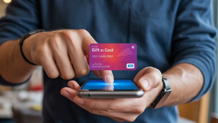 Realus rankų įvaizdis greitai bakstelėja išmanųjį telefoną - gyvybingą skaitmeninę dovanų kortelę, iškart ekrane rodomą, perteikiančią skubumą ir šiuolaikišką patogumą.