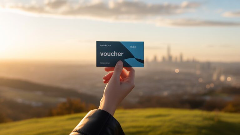 Rankoje subtiliai laiko modernų dovanų kuponą, siluetuotą nuo didžiulio, švelniai neryškaus įvairių, saulės drenamų peizažų ir miesto horizontų fono, sukeliančių atviras galimybes. Fotorealistinis.