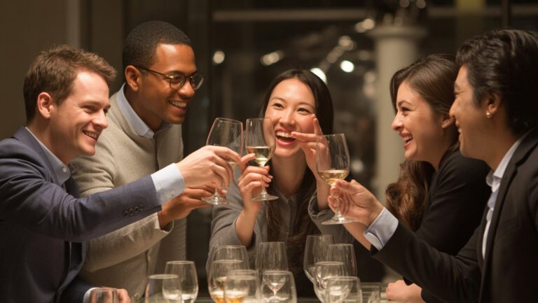 Realistiška įvairaus verslo kolegos nuotrauka džiaugsmingai dalijasi elegantiška patirtimi, pavyzdžiui, degustacija ar renginiu, užfiksuoti tikrą ryšį ir įsimintinoms akimirkoms sudėtingesnėje aplinkoje.
