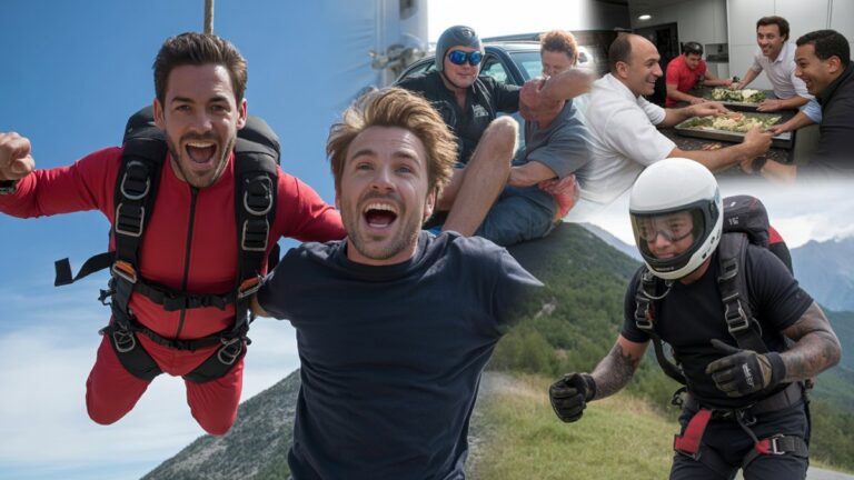 Susijaudingi vyrai, patiriantys įvairias nuotykių veiklas - slidinėjimo slidėmis, lenktynių automobiliais, maisto gaminimo klasėmis, laipiojimo kalnais - dinamiška koliažo kompozicija, gyvybinga veiksmo fotografija, natūralus lauko apšvietimas, realus dokumentinis stilius.