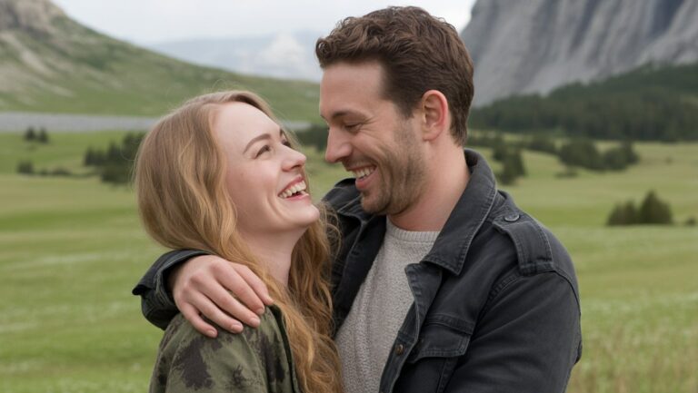 Realistiška nuotrauka, kurioje pora šiltai juokiasi, pasidalindama džiaugsmingu, nepamirštamu momentu gražioje natūralioje aplinkoje, sukeldamas gilų ryšį.