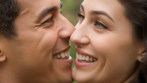 Realus dviejų žmonių, kurie dalijasi džiaugsmingu, intymiu momentu, iš arti, jų akys spindi tikra laime ir puoselėjamos, nepamirštamos atminties šiluma.