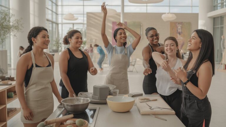 Įvairią moterų grupę, besinaudojančią įvairiomis patirtinėmis veiklomis - SPA atsipalaidavimu, maisto gaminimo klase, meno dirbtuvėmis ir nuotykių sportu - ryškiame šiuolaikiškame gyvenimo būdo centre, fotorealistiniame, gyvybingame natūraliame apšvietime.