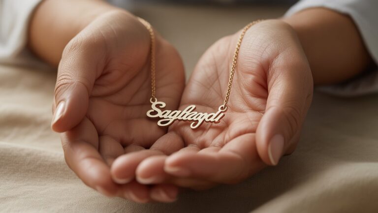 Iš arti, realus elegantiškų rankų įvaizdis, švelniai laikantis smulkiai pagamintą, unikalų suasmenintą karolius. Minkšta šilta šviesa, intymi atmosfera, negili lauko gylis.