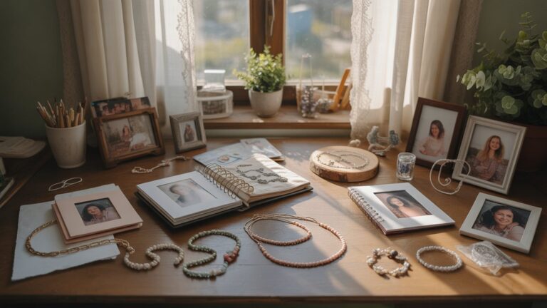 Motinos darbo vieta su rankų darbo amatais, individualizuotais nuotraukų albumais ir individualiais papuošalais, išsibarsčiusiais per medinį stalą, švelniai popietę šviesa, transliuojanti per nėrinių užuolaidas, fotorealistinę intymią vidaus sceną.