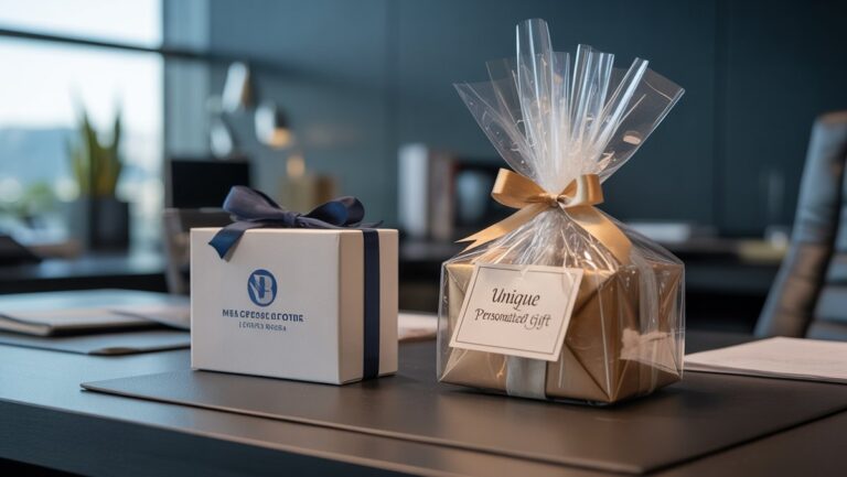 Realistiška nuotrauka: dvi kontrastingos verslo dovanos ant aptakaus biuro stalo. Vienas iš jų yra masiškai pagamintas daiktas su korporatyviniu logotipu, kitas-unikali, elegantiškai suvyniota individualizuota dovana. Profesionali šviesa.