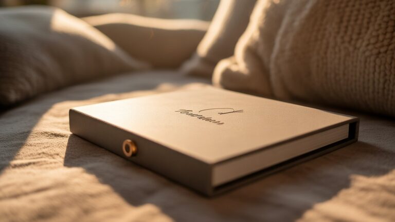 Realus unikalios individualizuotos dovanos, tokios kaip pasirinktinis nuotraukų albumas ar graviruotas daiktas, iš arti, maudomas šiltoje natūralioje šviesoje ant jaukaus paviršiaus, pabrėžiant sentimentus ir ryšį.