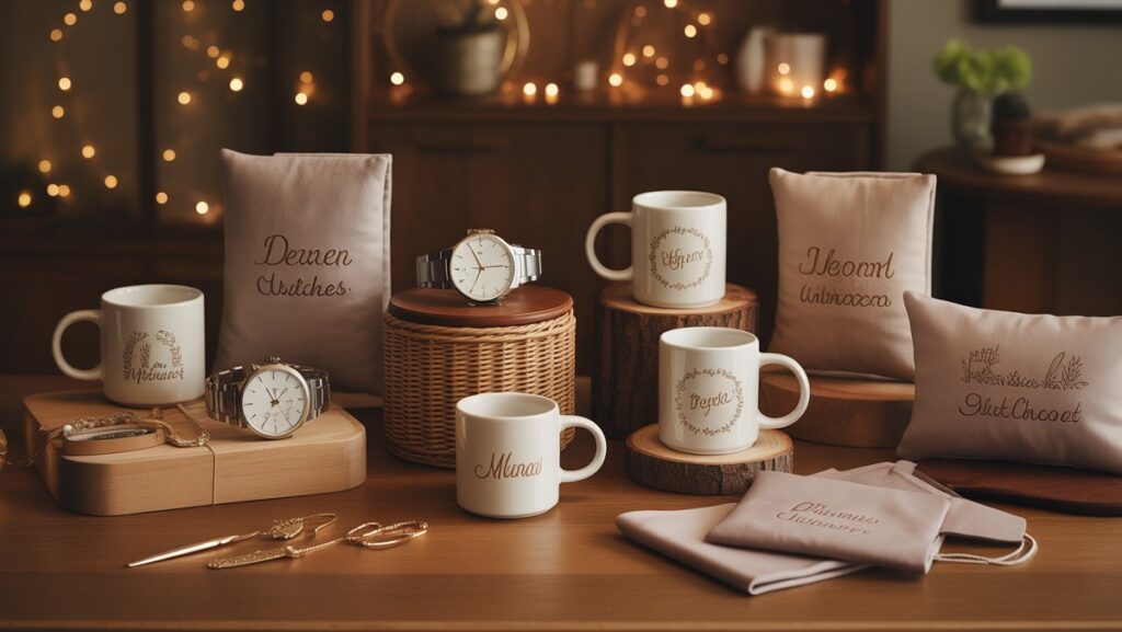 Įvairių suasmenintų dovanų, tokių kaip išgraviruoti laikrodžiai, pasirinktiniai puodeliai ir išsiuvinėti daiktai, kolekcija, elegantiškai išdėstyta ant šilto medinio paviršiaus su minkšta aplinkos šviesa, realistiška.