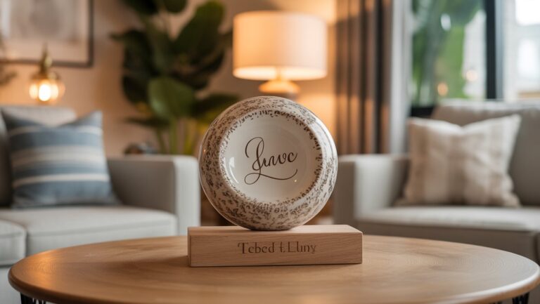 Realistiška suasmenintos namų dovanos nuotrauka, pavyzdžiui, pagal užsakytą medinį gabalą ar unikalią keramiką, dailiai išdėstytą šiltoje, kviečiančioje svetainėje. Minkšta aplinkos šviesa.