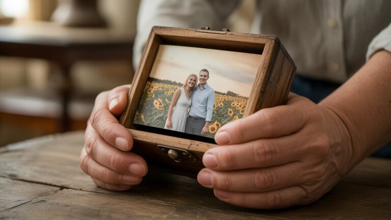 Realus iš arti: rankos subtiliai laikančios suasmenintą nuotraukų dovaną, išsimaudytos minkštu, šiltu, nostalgiška šviesa, pabrėžiant puoselėjamus prisiminimus.