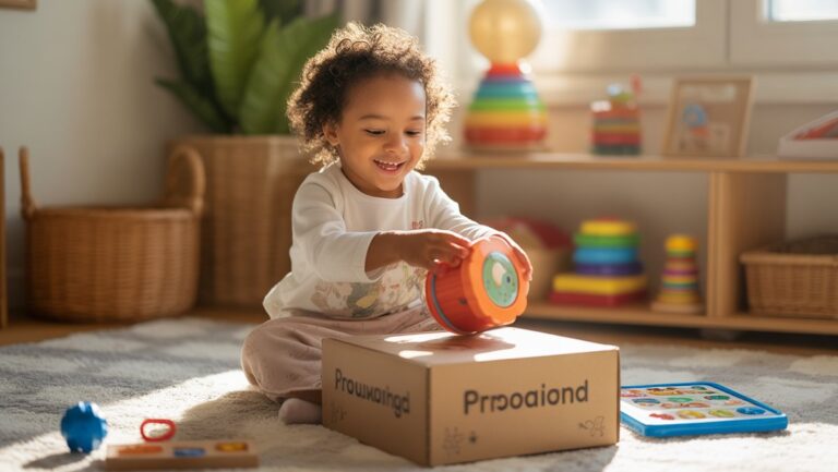 Realistiška džiaugsmingo vaiko nuotrauka, kurioje nėra individualizuoto edukacinio žaislo, su malonumu jaukiame, saulės apšviestoje kambaryje, apsuptą žaismingų mokymosi daiktų.