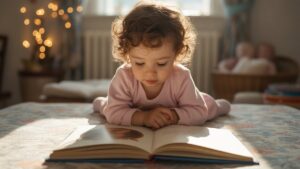 Realus vaizdas: Vaikas (arba suaugęs), pasinėręs į individualizuotą knygą, pasakojimo epinis pasaulis subtiliai atsiskleidžia iš jo puslapių, šilta, magiška šviesa.