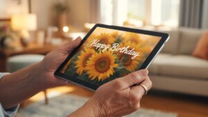 Realus rankų iš arti, laikant planšetinį kompiuterį, kuriame pavaizduota gyvybinga, individualizuota skaitmeninė dovana, išsimaudoma šiltoje, minkštoje šviesoje.