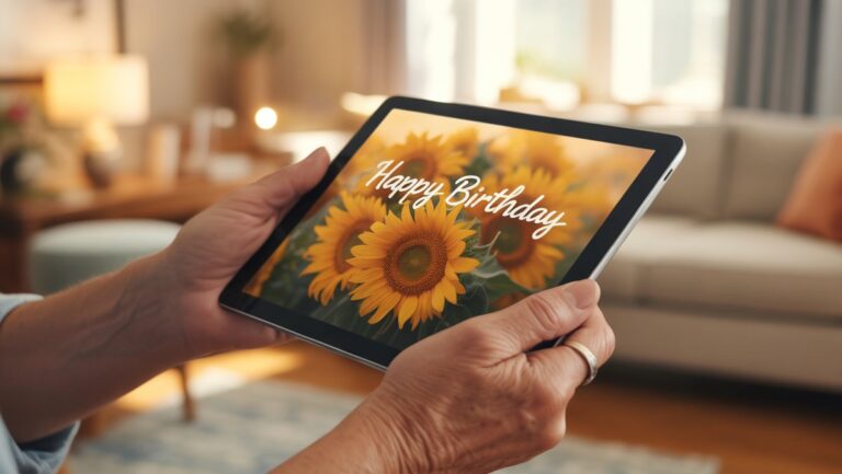 Realus rankų iš arti, laikant planšetinį kompiuterį, kuriame pavaizduota gyvybinga, individualizuota skaitmeninė dovana, išsimaudoma šiltoje, minkštoje šviesoje.