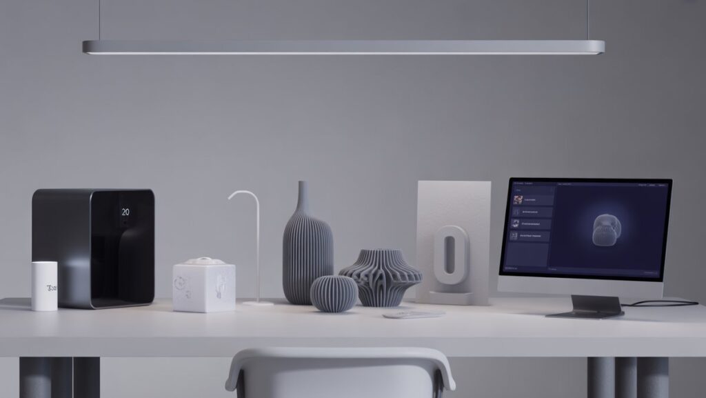 Realistiška scena: aptaki, moderni darbo vieta, kurioje yra 3D atspausdinti individualizuoti daiktai ir AI varomos sąsajos. Sutelkite dėmesį į novatorišką, individualų dovaną švarioje, futuristinėje aplinkoje.