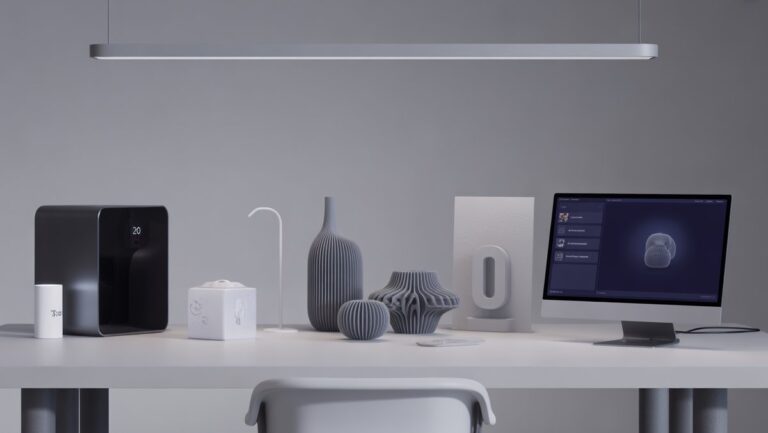 Realistiška scena: aptaki, moderni darbo vieta, kurioje yra 3D atspausdinti individualizuoti daiktai ir AI varomos sąsajos. Sutelkite dėmesį į novatorišką, individualų dovaną švarioje, futuristinėje aplinkoje.