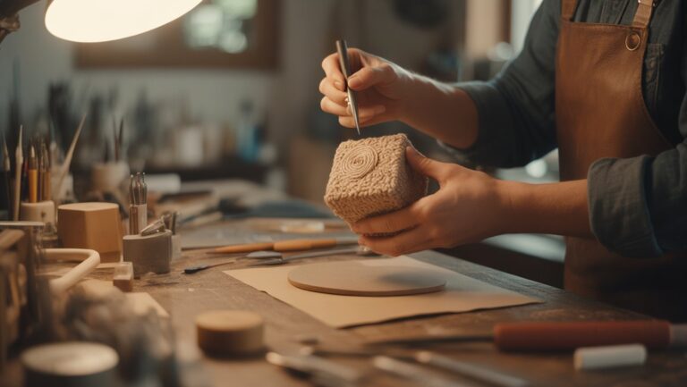 Realistiškas rankų iš arti iš arti, kruopščiai kaupdamas unikalų, suasmenintą dovanų daiktą gerai apšviestoje dirbtuvėje su įvairiomis kūrybinėmis medžiagomis.