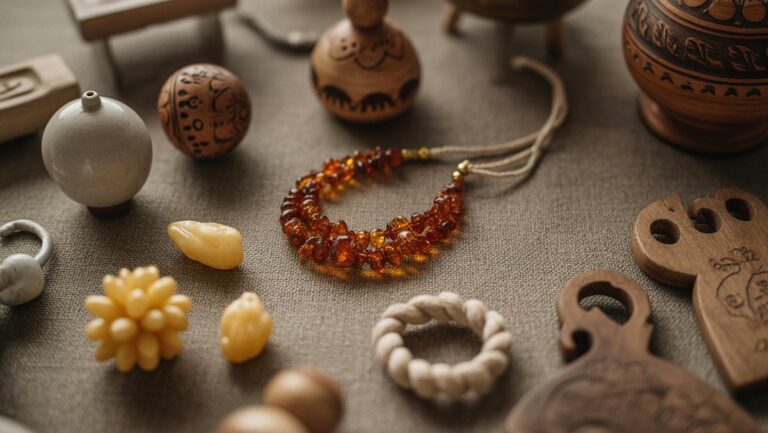 Realus mažų, autentiškų lietuvių suvenyrų iš arti iš arti iš arti, šiltas gintaras, austas linas, tradiciniai keraminiai papuošalai ir raižyti mediniai daiktai, dailiai išdėstyti ant kaimiško tekstūros paviršiaus.