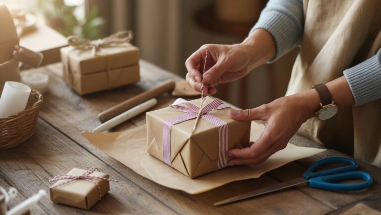 Realistiška nuotrauka: rankos, apgalvotai sukuriančios gražią, biudžetinę dovana iš paprastų medžiagų ant kaimiško medinio stalo, švelniai šilta šviesa.