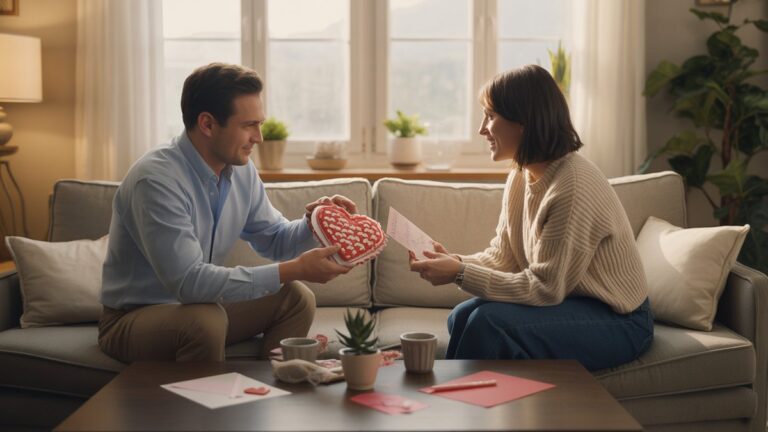 Jauki gyvenamojo kambario scena su poromis keičiasi rankų darbo dovanomis, širdies formos sausainiais, meilės laiškais ir mažais vazoniniais augalais, minkštos popietės saulės spindulių srautai, transliuojami pro langus, fotorealistine šilta buitine Valentino atmosfera.