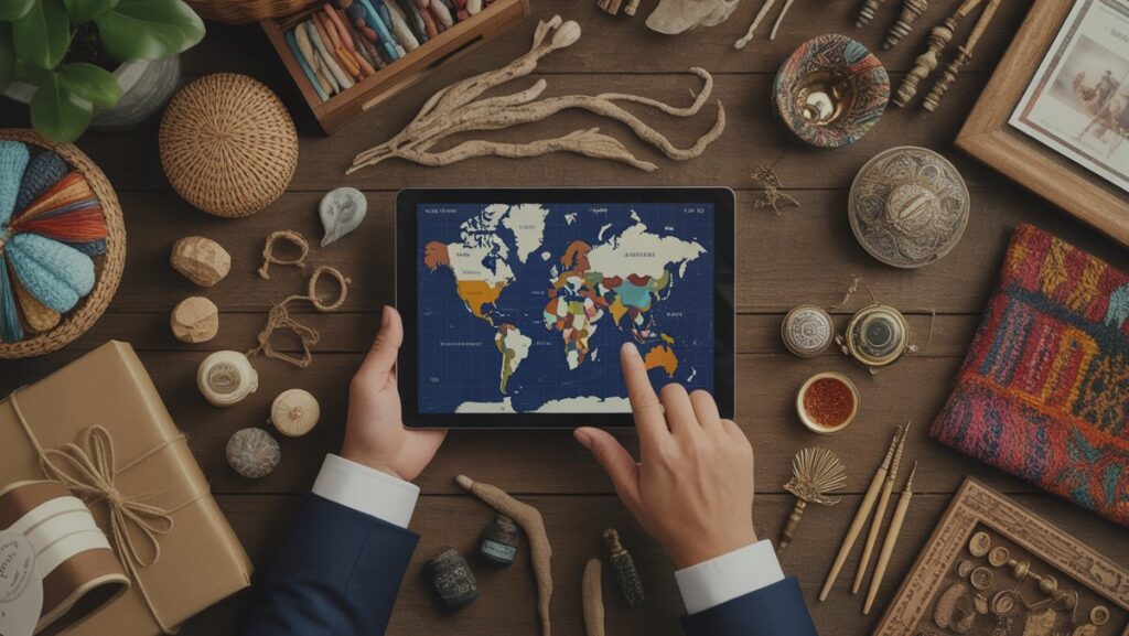 Realistiškas viršutinis šūvis: rankos sąveikauja su planšetiniu kompiuteriu, kuriame pavaizduotas pasaulio žemėlapis, apsuptas įvairių pasaulinių dovanų ir unikalių amatų daiktų.