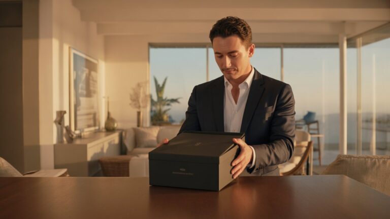 Sudėtingas jaunas vyras, subtiliai nustebęs, išspausdindamas aptakią, aukštos klasės dovaną saulėje dreifuojamame, moderniame minimalistiniame mansardoje, kinematografiniu apšvietimu, fotorealistine.