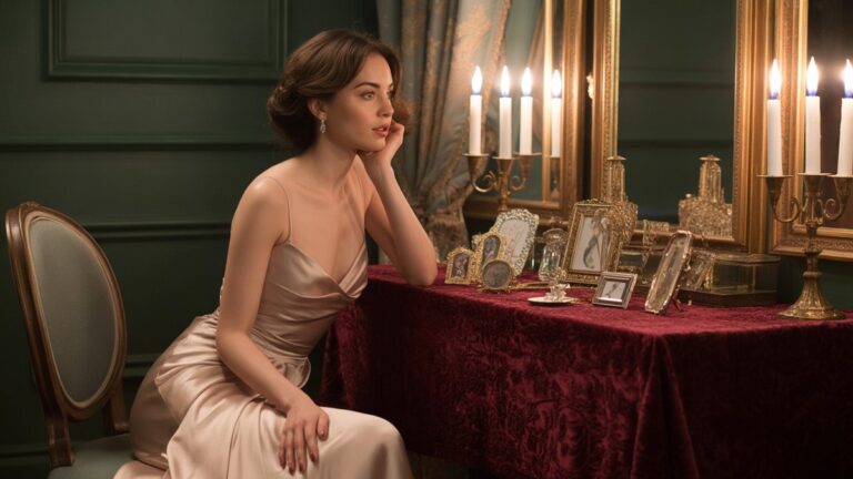 Sudėtinga moteris iš šilko vakaro suknelės žavisi prabangiais daiktais, rodomais ant aksomo nupiešto senovinio tualeto stalo, minkštos žvakių šviesos, sukuriančios elegantiškus šešėlius, fotorealistinį portretą su sodriais brangakmenių tonais.