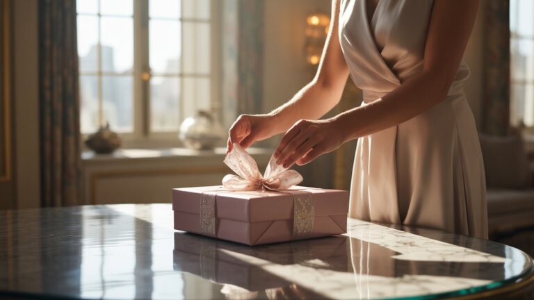 Elegantiškos moters rankos subtiliai apverčia prabangią dovanų dėžutę ant poliruoto stalo rafinuotame, saulės nudegusiame kambaryje, atskleidžiančioje žvilgantį turinį. Fotorealistinė, minkšta kino šviesa, platus kadras, užfiksuotas rafinuotoje atmosferoje.