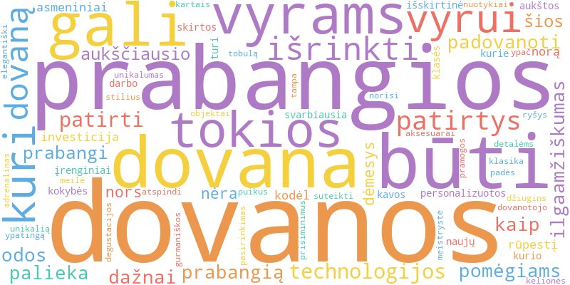 „Word Cloud“ iliustruoja pagrindines straipsnio apie „Prabangios Dovanos“ Vyrams sąvokas
