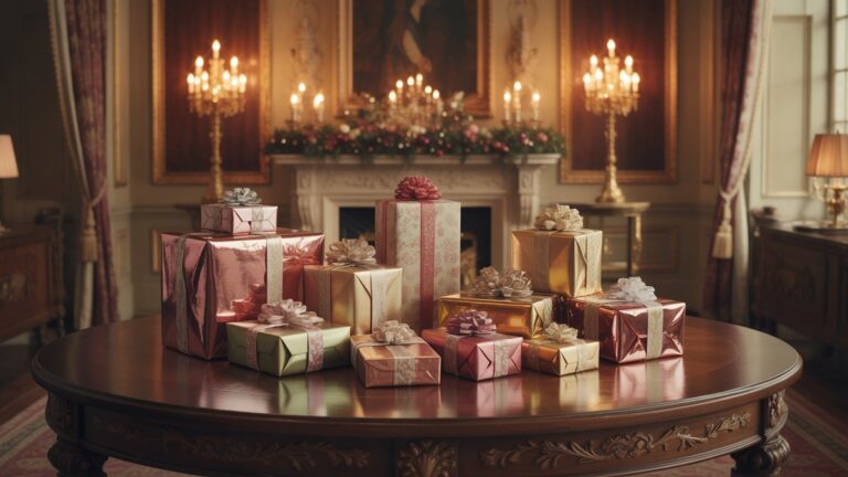 Turtingų, išskirtinai apvyniotų dovanų kolekcija, žvilganti po minkšta, šilta šviesa ant didžiojo raudonmedžio stalo, pastatytame dosniame, rūmų dvare, kinematografinėje fotorealistinėje.