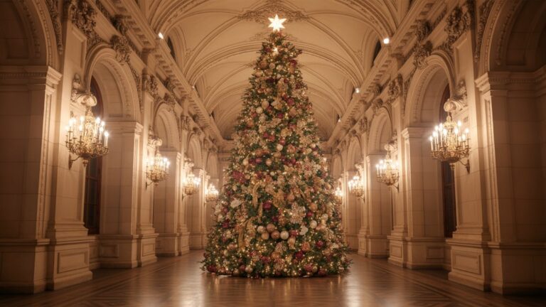 Puiki, gausi eglutė, puošta žvilgančiais, brangakmenių atspalviais papuošalais, didingai stovi didelėje, švelniai apšviestoje šventinėje salėje. Fotorealistinis, platus kadras, šilta aplinkos šviesa, subtilus kibirkštis.