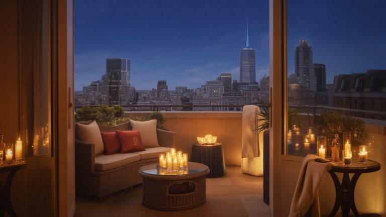 Kinematografinis platus dosnaus, žvakių viešbučio apartamentų balkono kadras su vaizdu į romantišką miesto panoramą naktį, elegantiška dovanų dėžutė subtiliai. Fotorealistinis, šiltas spindesys.