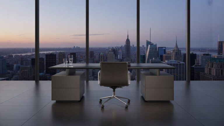 Aptakus, minimalistinis vykdomasis stalas su vaizdu į panoraminį miesto panoramą prie sutemos. Vienas, aukščiausios klasės, nepralenkiamas prabangus objektas subtiliai žvilgčioja, užsimenant apie sudėtingus verslo santykius. Fotorealistinis, platus kadras, minkšta aplinkos šviesa.