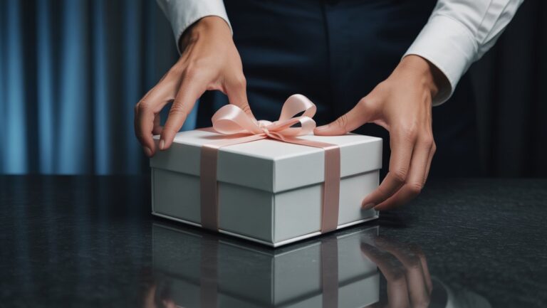 Realistiškos elegantiškos rankos kruopščiai atidaro aptakią, minimalistinę prabangių dovanų dėžę ant tamsios atspindinčios paviršiaus, atskleidžiančios minkštą eterinį spindesį, rafinuotą atmosferą.