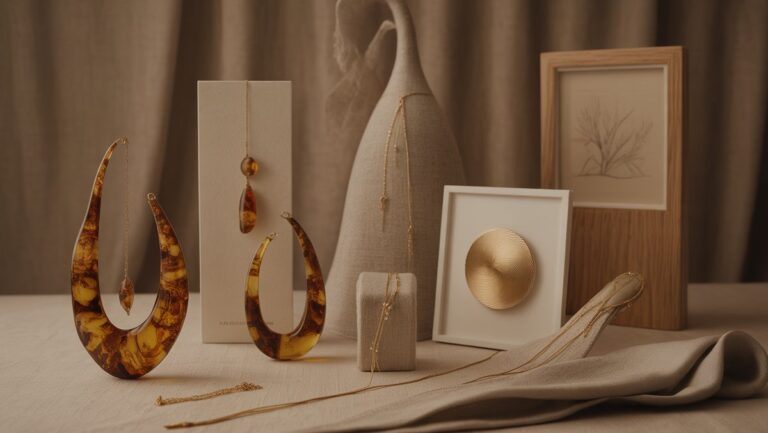 Realistiškas studijinis išskirtinių lietuvių prabangių dovanas: unikalūs gintaro papuošalai, dailios lininės tekstilės ir šiuolaikinio meno kūriniai, elegantiškai išdėstyti su minkštu, šiltu apšvietimu, pabrėžiančiu meistriškumu.