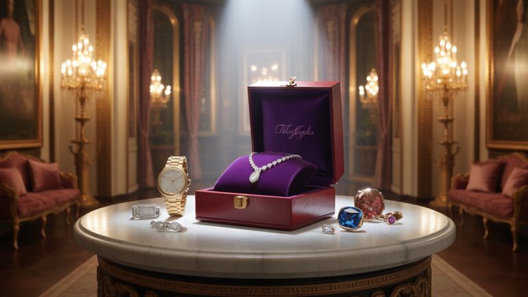 Prabangi aksominės papuošalų dėžutė, kurioje yra deimantų karoliai, auksinis laikrodis ir brangakmeniai ant marmuro pjedestalo, dramatiškas prožektoriaus apšvietimas, fotorealistinis, gausus dvaro interjero aplinka.