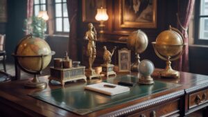 Platus, fotorealistinis vaizdas į silpnai apšviestą, gausų privačią tyrimą, kuriame ant poliruoto raudonmedžio stalo demonstruojama kruopščiai kuruojama retų, išskirtinių senovinių smalsavimų ir senovinių gaublių kolekcija. Minkšta, šilta šviesa, sodrios faktūros.