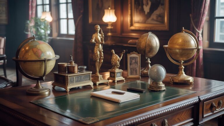 Platus, fotorealistinis vaizdas į silpnai apšviestą, gausų privačią tyrimą, kuriame ant poliruoto raudonmedžio stalo demonstruojama kruopščiai kuruojama retų, išskirtinių senovinių smalsavimų ir senovinių gaublių kolekcija. Minkšta, šilta šviesa, sodrios faktūros.