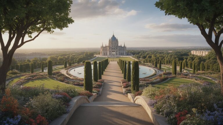 Didysis, saulės apšviestas kelias, vingiuotas per prabangų, žydintį sodą link nuostabaus, tolimo architektūros šedevro, simbolizuojančio prabangų pasirinkimą ir išskirtinę patirtį. Fotorealistinis, platus kadras, auksinė valanda.